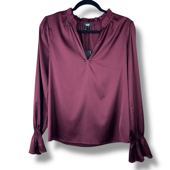 PAIGE NWT Dusty Cherrywood Laurin Satin Frilled Ruffled Long Sleeve Blouse XS - Picture 3 of 9